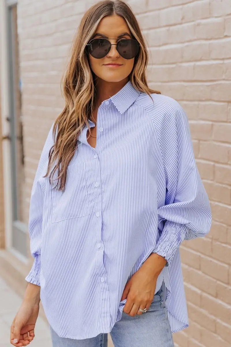 Sky Blue Smocked Cuffed Striped Boyfriend Shirt with Pocket - Love Salve